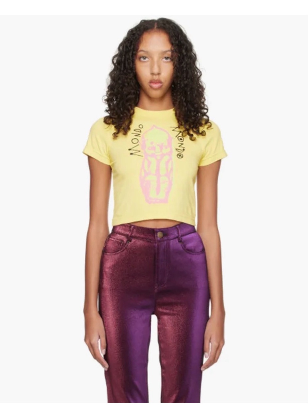 Mondo Mondo Yellow Graphic Crop Tee with Pink & Lime Print NWT XL